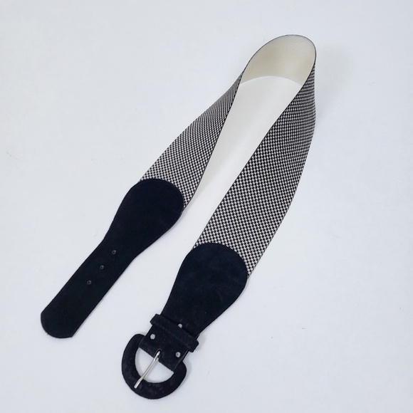 90s Houndstooth Belt Wide Buckle Thick Suede Black White - Picture 3 of 11